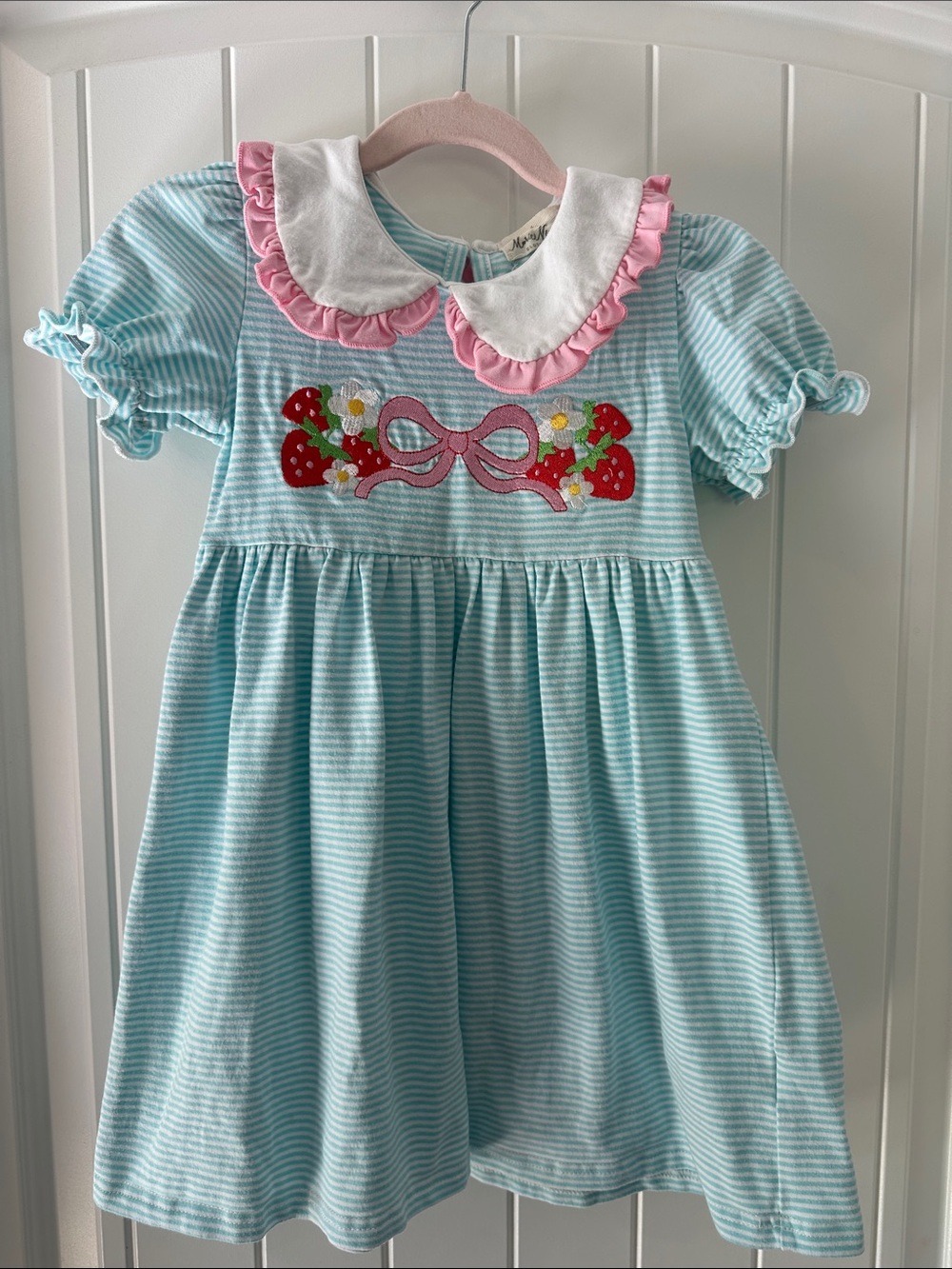 Blue Stripe Strawberry Bow Knit Dress with Pink Trim and Peter Pan collar
